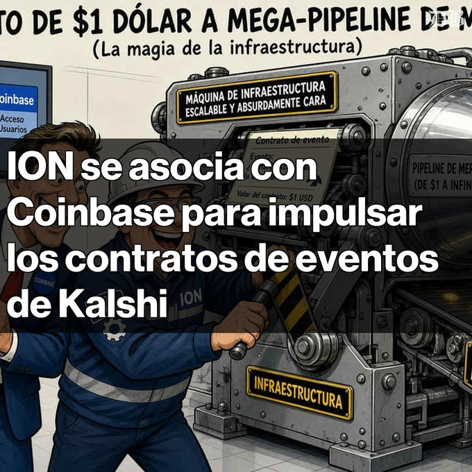 An illustrated graphic in Spanish about infrastructure with text 'DE $1 DÓLAR A MEGA-PIPELINE DE M...' and '(La magia de la infraestructura)', showing two workers operating machinery labeled 'MÁQUINA DE INFRAESTRUCTURA ESCALABLE Y ABSURDAMENTE CARA' and 'INFRAESTRUCTURA', with overlaid text: 'ION se asocia con Coinbase para impulsar los contratos de eventos de Kalshi'.