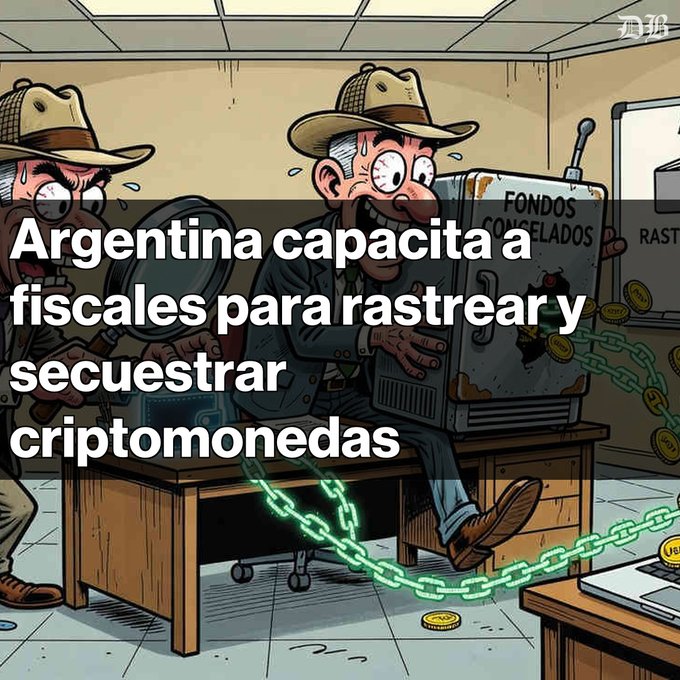 A cartoon illustration of two detectives examining a labeled safe, overlaid with Spanish text reading 'Argentina capacita a fiscales para rastrear y secuestrar criptomonedas.'