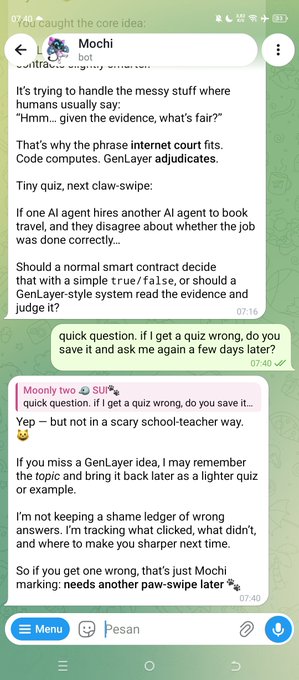The image shows a Telegram chat with "Mochi," who explains GenLayer's concept of AI adjudicators handling disputes between AI agents. The accompanying post connects to the chat's explanation of how founder Ben Scharfstein's legal background led to building fast AI-driven contract arbitration, replacing slow traditional courts with instant on-chain judgment.