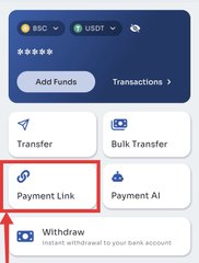 A mobile app dashboard shows a 5-star rated wallet with BRC and USDT currency options, featuring "Add Funds" and "Transactions" buttons above action tiles for Transfer, Bulk Transfer, Payment Link (highlighted with a red arrow), Payment AI, and Withdraw—illustrating the Paystrater Payment Link feature that allows web3 creators to receive payments anytime without sharing wallet addresses directly.