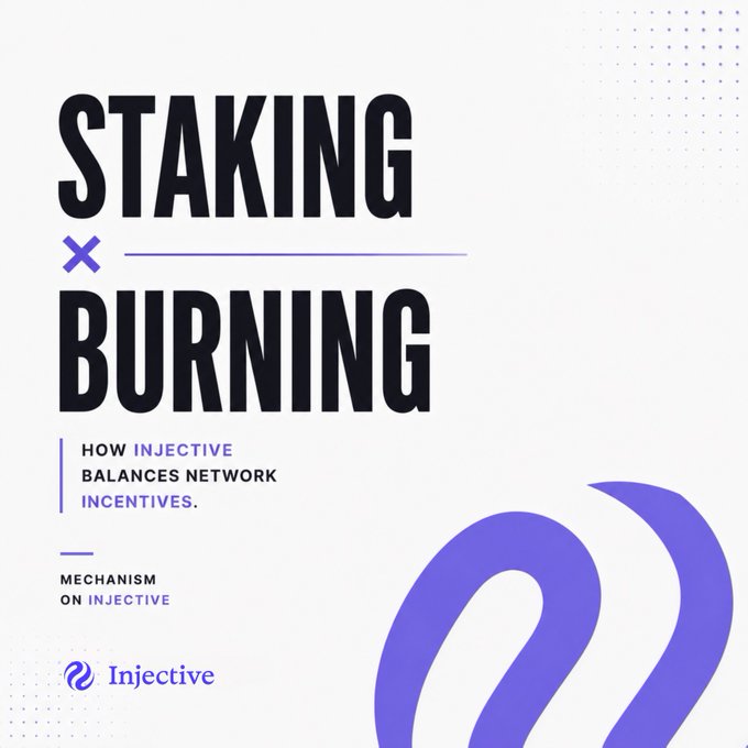 A promotional graphic for Injective titled "STAKING x BURNING" with the subtitle "How Injective balances network incentives," featuring the Injective logo and a purple swirling design.