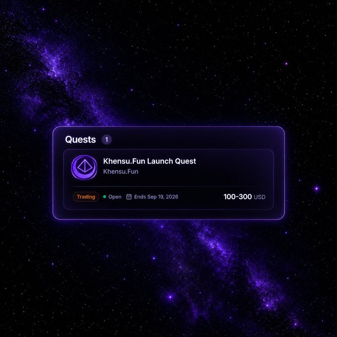 A digital 'Quests' card displayed against a starry purple cosmic background, titled 'Khensu.Fun Launch Quest' with trading open status, ending Sep 19, 2026, offering 100-300 USD.