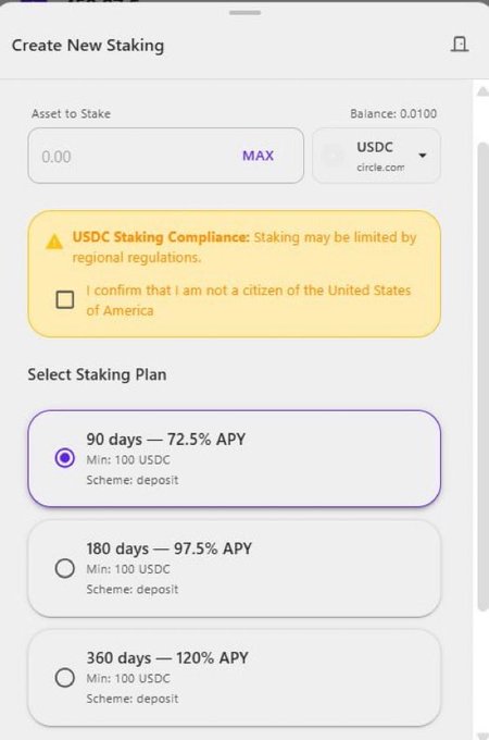 A "Create New Staking" interface showing USDC staking options with three plans: 90 days at 72.5% APY, 180 days at 97.5% APY, and 360 days at 120% APY (minimum 100 USDC each), along with a compliance notice requiring users to confirm they are not U.S. citizens. The high APY rates illustrate the post's message about putting crypto to work through SL8 Staking rather than letting it sit idle.