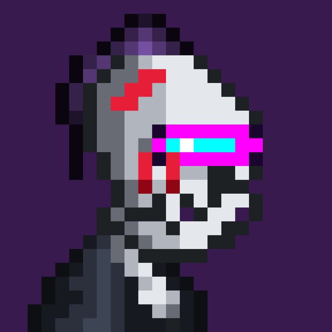A pixel art portrait shows a skeletal or robotic figure with a red marking on its forehead and glowing pink and blue cyber-style glasses against a dark purple background.