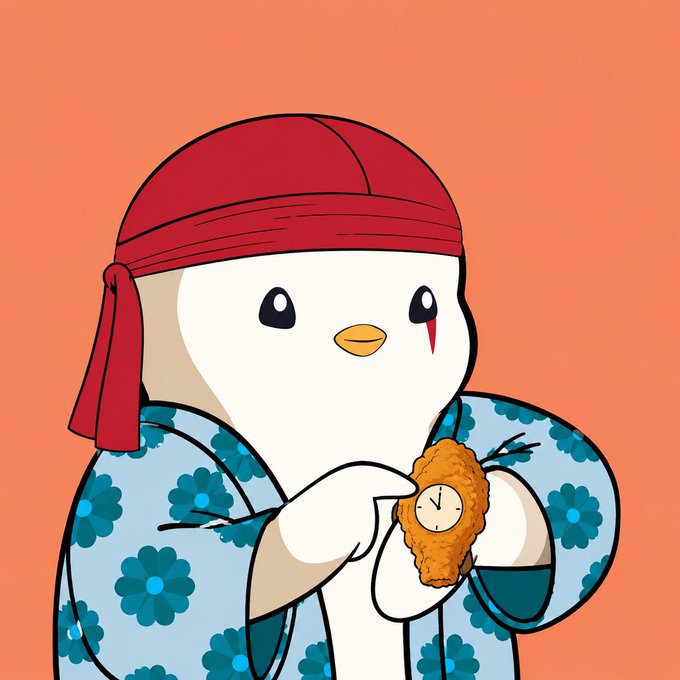 A cartoon chicken character wearing a red bandana and floral robe holds a chicken tender with a clock face on it, visually punning on "$TENDIES time" — likely referring to trading profits (Wall Street slang for gains) being ready to be taken.