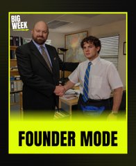 The image is a meme styled like a magazine cover with "BIG WEEK" in the top left corner and "FOUNDER MODE" in bold yellow text at the bottom. It shows two men shaking hands in an office setting—one in a suit and one in a casual shirt and tie—referencing the post's joke about a founder presenting their 5-year plan to Andreessen Horowitz (a16z). The handshake imagery humorously suggests a successful pitch meeting or partnership deal being sealed.
