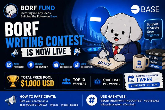 The image features a white dog wearing a suit, sitting at a desk and writing on paper while holding a pen. The background of the image displays a city skyline with buildings, suggesting an urban setting. The text "BORF Fund" is written in blue letters above the dog's head, indicating that this is related to BORF Fund. Below the dog, there are several descriptions of how to participate and what to expect from the writing contest.