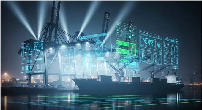 A digital composite showing a cargo ship at port overlaid with glowing blue holographic data screens, charts, and code, illuminated by bright searchlights.