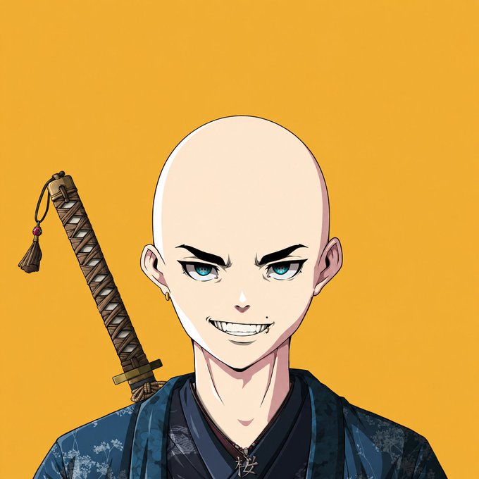 An anime-style illustration of a bald figure with blue eyes, a wide smile, a sword on their back, and Japanese characters on their dark blue clothing, against a solid orange background.