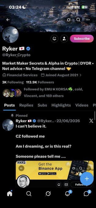 Twitter/X profile of Ryker (@Ryker.Crypto) with bio reading 'Market Maker Secrets & Alpha in Crypto | DYOR · Not advice · No Telegram channel', pinned post excitedly noting that CZ followed him.