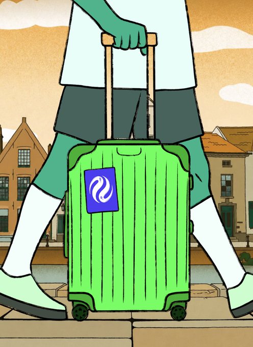 An illustration of a person pulling a green suitcase with the Sui logo on it through a town.