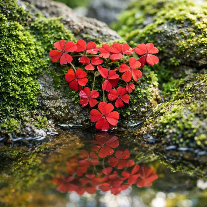 A heart-shaped cluster of vibrant red clovers rests on a moss-covered rock beside a reflective pool, symbolizing organic growth and interconnectedness—mirroring TRON's message of building open, decentralized blockchain infrastructure that allows communities to flourish freely and naturally.