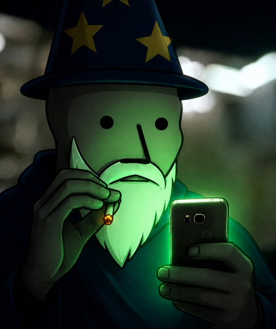 The image shows a stylized cartoon wizard with a long white beard, wearing a dark blue pointed hat adorned with gold stars, illuminated by the green glow of a smartphone he's holding. The wizard's mystical appearance plays on the post's invitation for chart requests and trading questions, portraying the user as a "financial wizard" ready to conjure market insights for their audience.