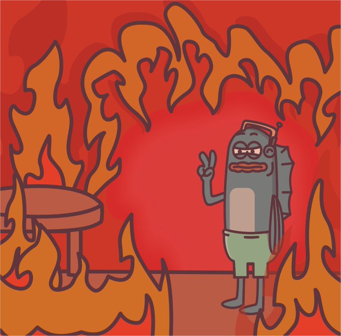 A cartoon character wearing a backpack and gas mask gives a peace sign while standing calmly in front of a massive inferno engulfing a house, the chaos contrasting humorously with his unbothered demeanor. The image captures the "everything is fine while the world burns" energy of someone cheerfully embracing an unclear or chaotic $FERDY influencer situation.