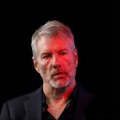 A stern-looking man with gray hair and a beard, presumably Michael Saylor, is shown against a dark background as a dramatic visual reference to the post's commentary about a bold whale taking a $61.7M long position on Bitcoin with 40x leverage and a $58,100 liquidation price, seemingly unfazed by Saylor's reported selling activity.