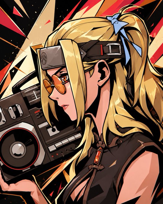 An anime-style illustration of a blonde woman with a high ponytail, wearing orange sunglasses and a Hidden Leaf Village headband, standing next to a boombox with dynamic red and orange geometric background elements.
