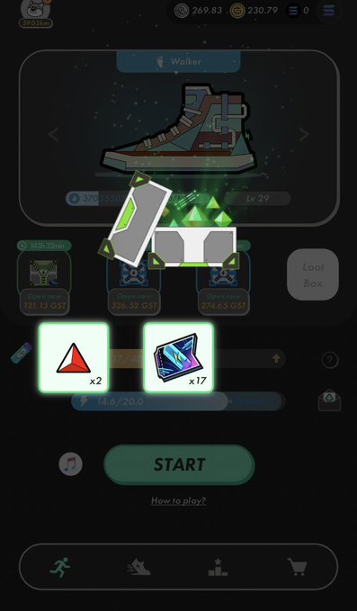 A mobile game screenshot showing a character named "Walker" at Lv 29 wearing green high-top sneakers, with loot boxes, currency (269.83 and 230.79), and a "START" button visible.