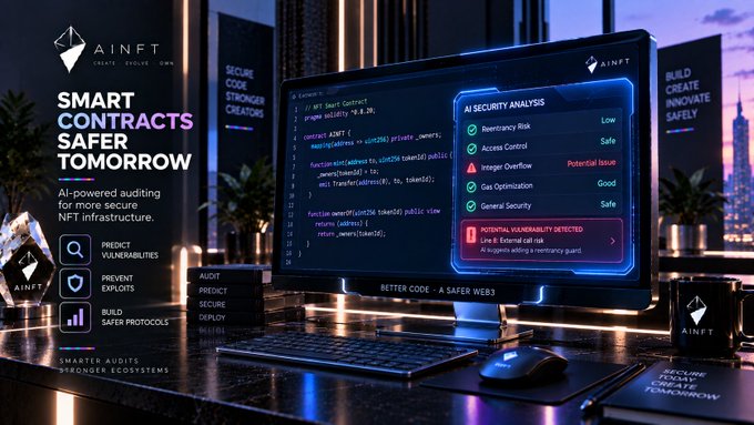 Futuristic promotional graphic for AiNFT featuring a monitor displaying 'AI SECURITY ANALYSIS' with code and security metrics, alongside the tagline 'SMART CONTRACTS SAFER TOMORROW'.
