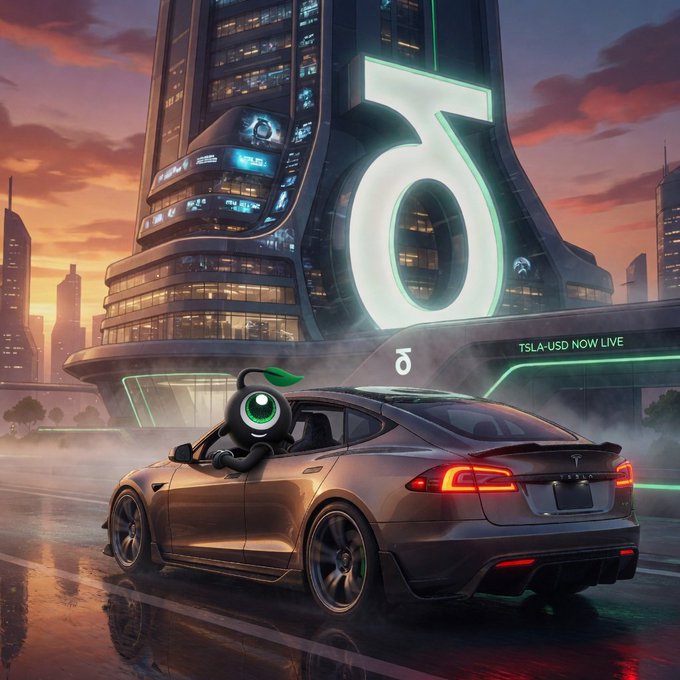 In this digital artwork, a cityscape with a prominent futuristic building featuring the numbers "6" on top. A car with a small robot driver driving down the street, passing by the iconic number-six building. The image also includes text related to Bitcoin trading and cryptocurrency markets at night, hinting that the car is associated with TSLA-USD (Bitcoin Cash) trading platforms.