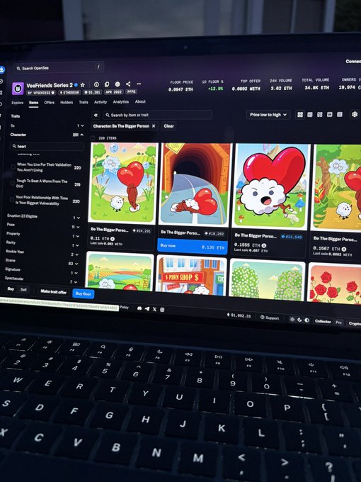 A laptop screen displays an NFT marketplace for the "YecheFriends Series 2" collection, showing listings of "Be The Bigger Person..." cards along with crypto market stats.