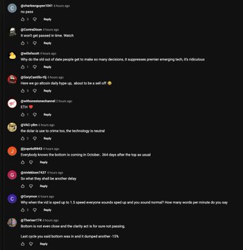 The image shows a screenshot of various users' comments on a social media platform expressing skepticism, hopelessness, and bearish sentiment about crypto, with remarks like "no pass," "crypto will crash," and "the dozer is use to crime too." These comments visually support the accompanying post's claim that most people left in crypto are depressed and have sold, as the majority of visible replies reflect negative or pessimistic attitudes rather than bullish optimism.