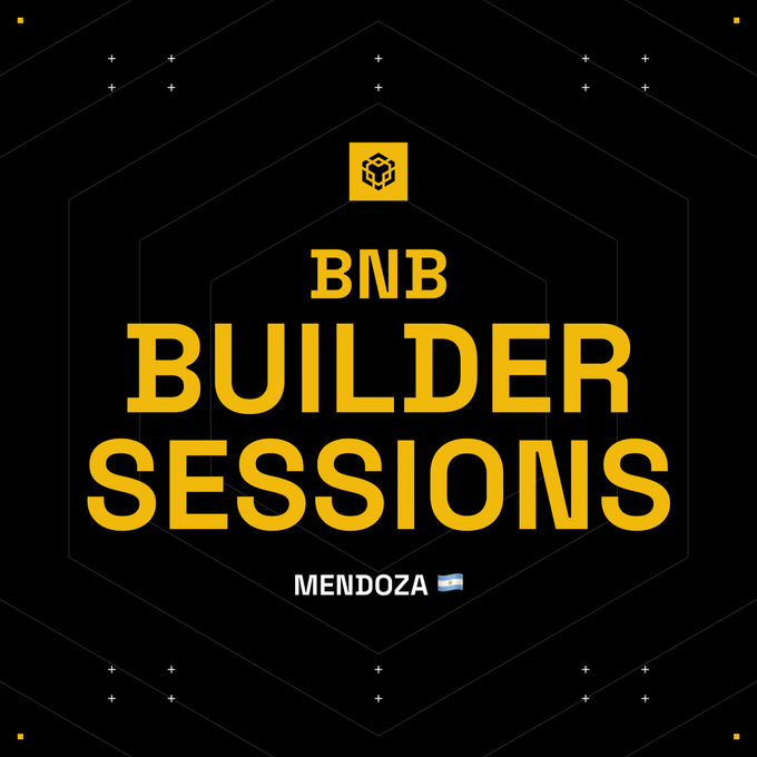 A promotional graphic for 'BNB BUILDER SESSIONS' in bold yellow text on a black hexagonal background, with 'MENDOZA' and an Argentinian flag at the bottom.