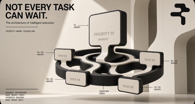 A stylized 3D graphic titled 'NOT EVERY TASK CAN WAIT' illustrating priority-aware scheduling, with a large 'PRIORITY 01 URGENT' block connected to smaller 'TASK' blocks on a circular track.