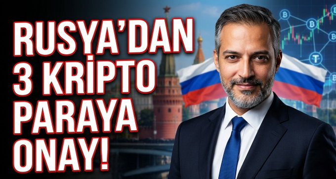The thumbnail features a suited man before Russian flags and a cryptocurrency market chart, with the headline “RUSYA’DAN 3 KRİPTO PARAYA ONAY!”—meaning “Approval for 3 Cryptocurrencies from Russia!” It promotes a crypto market video discussing Russia’s approvals, the U.S. Clarity Act, and Bitcoin’s expected September movements.