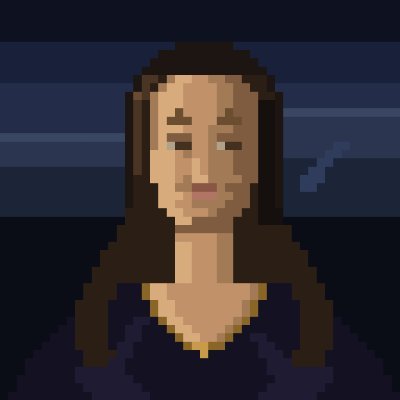 A pixel art portrait of a person with long brown hair and a purple top, styled to resemble the Mona Lisa.