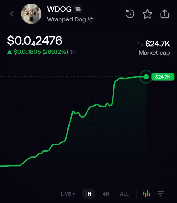 A cryptocurrency price chart for WDOG (Wrapped Dog) showing a token price of $0.042476 with a 269.12% gain, displaying a steep upward trend on a 1-hour timeframe with a $24.7K market cap.