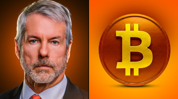The image features a man wearing a suit, standing against a brown background with a gold Bitcoin symbol in the center. The Bitcoin symbol is positioned above his head, while he appears to be looking down at something below him. The text "WHALE WATCH: Saylor just dropped some serious truth about $BTC" is written on the image, which suggests that the man might be discussing or promoting Bitcoin as a valuable asset or currency.
