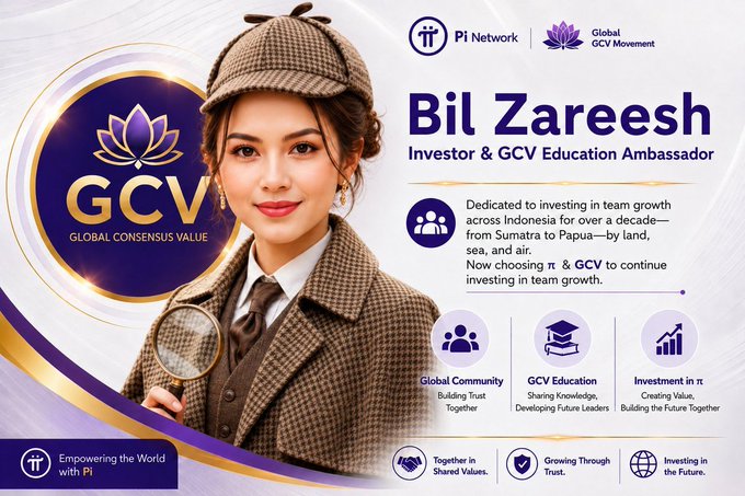 The image is a promotional graphic featuring a woman styled as a detective (with a deerstalker hat and magnifying glass) alongside the "GCV Global Consensus Value" lotus logo on the left, while the right side identifies her as "Bil Zareesh, Investor & GCV Education Ambassador," highlighting her decade-long investment in team growth across Indonesia and her commitment to the Pi Network and Global GCV Movement through community building, education, and investment.