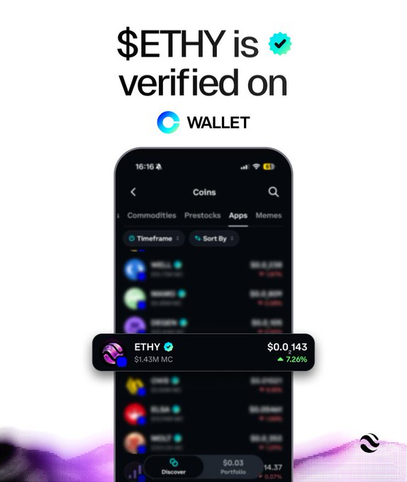 A promotional graphic states '$ETHY is verified on Wallet', displaying a mobile app interface with $ETHY listed at $0.143 with a 7.26% increase.