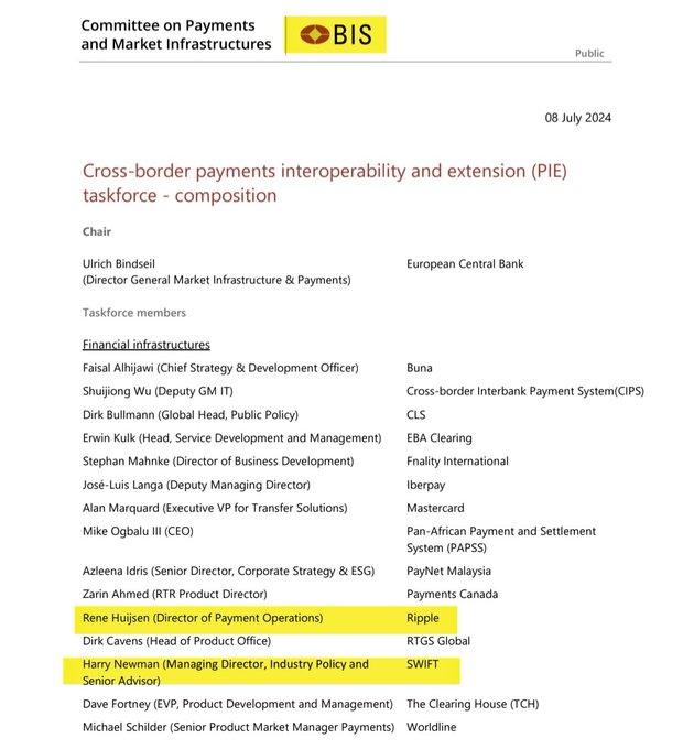 The image shows a document titled "Ripple x BIS x G20 Ripple" written in yellow text against a white background. The document appears to be related to cross-border payments, as indicated by its title and the presence of the words "Cross border payments Interoperability and extension (pie)". The document also contains names of several individuals who are members of the Bank for International Settlements Cross-border Payments Interoperability and extension (pie) task force.