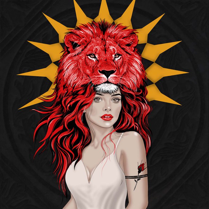A stylized digital illustration of a woman with flowing red hair wearing a white tank top, topped with a lion's head mane and surrounded by a yellow sunburst halo against a dark patterned background; she has an armband tattoo with a rose.
