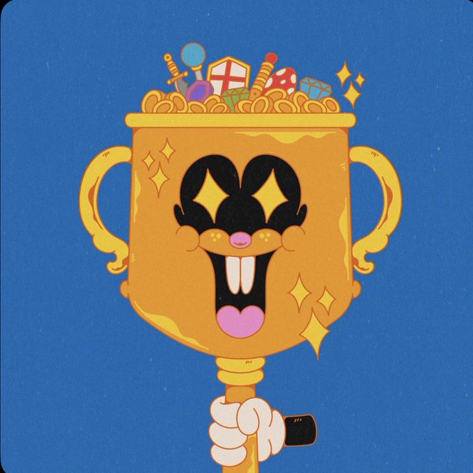 Illustration of a golden trophy filled with toys and treasure, held by a gloved hand, featuring a happy face design on a blue background.