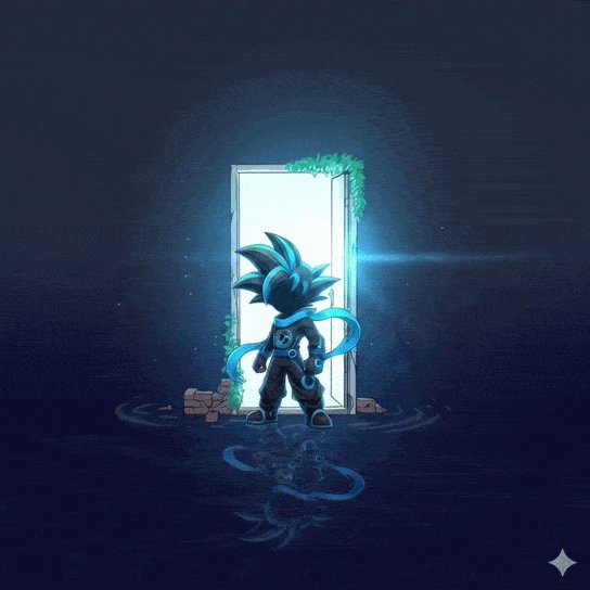 The image features a character with blue hair standing in front of an open door, which appears to be a portal or doorway leading into another world. The background is dark blue, creating a sense of mystery and intrigue. There are also some stars visible in the top right corner of the image. The post seems to be related to the character's journey through this alternate reality, possibly discussing the concept of DeFi (decentralized finance) or the character's experiences within it.