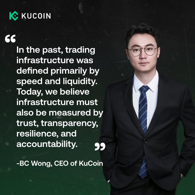 The image features a man dressed in a suit standing against a black background with white text. The text includes a quote attributed to him, stating that "In the past, trading infrastructure was defined primarily by speed and liquidity. Today, we believe infrastructure must also be measured by transparency, trust, resilience, and accountability." This quote is related to the post about Kucoin's focus on building foundational digital asset adoption systems rather than solely serving retail clients.