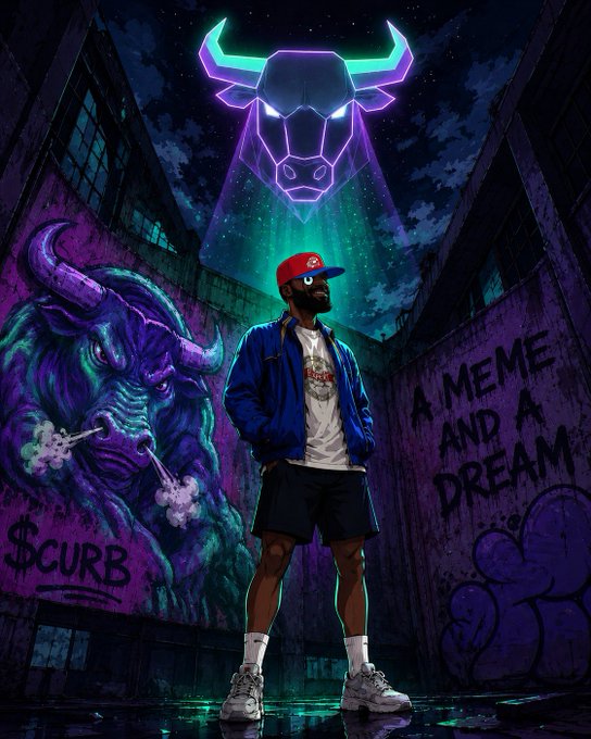A vibrant crypto/street art digital illustration showing a man in a red cap standing between a purple bull mural labeled '$CURB' and graffiti reading 'A MEME AND A DREAM,' with a glowing neon bull logo above.