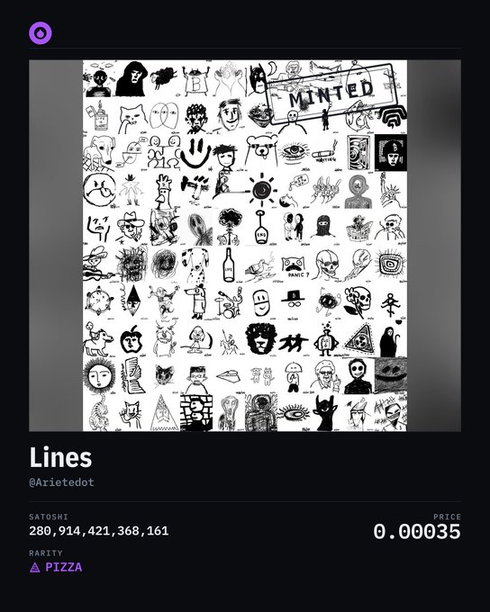 An NFT listing for 'Lines' by @Arietedot, showing a black and white collection of hand-drawn sketches with a 'MINTED' stamp, priced at 0.00035.