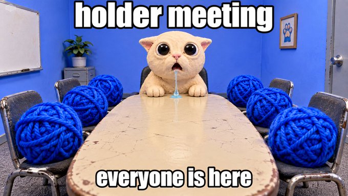 A humorous AI-generated meme showing a crying cat at a conference table with blue yarn balls representing attendees, captioned 'holder meeting' and 'everyone is here'.