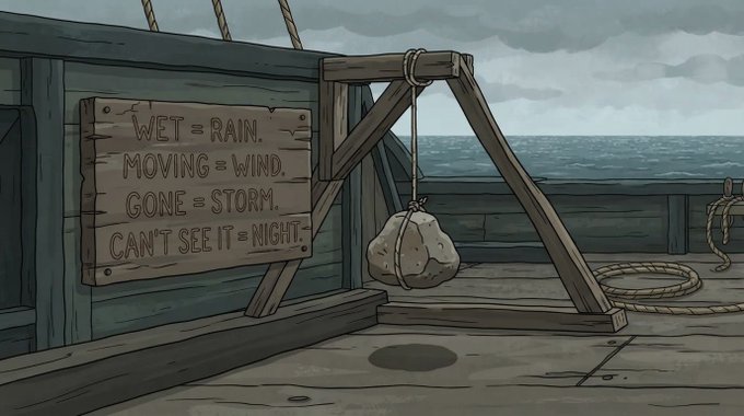 A cartoon illustration of a wooden ship's deck with a sign reading 'WET = RAIN, MOVING = WIND, GONE = STORM, CAN'T SEE IT = NIGHT,' alongside a suspended rock and coiled rope under a cloudy sky.