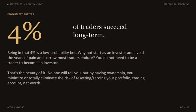 A dark presentation slide titled 'Section 02 - REALITY CHECK' stating '4% of traders succeed long-term,' suggesting investors avoid being traders to minimize risk; page 07/11, 'AEON - ONLINE'.
