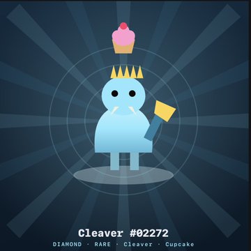 A digital collectible illustration of a blue 'Cleaver #02272' character labeled 'Diamond - Rare - Cleaver - Cupcake' wearing a crown and holding a small axe with a cupcake on its head.