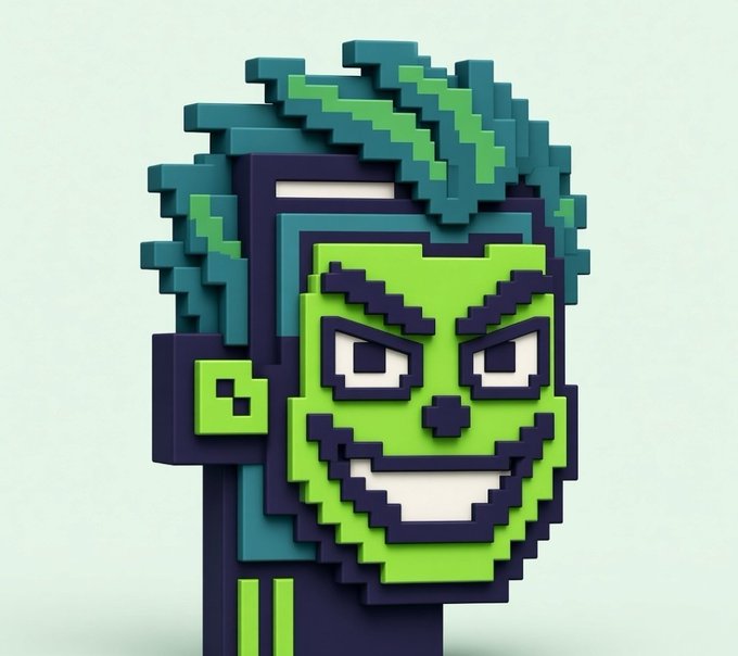 A 3D pixel-art character with bright green skin, teal hair, and a mischievous grin appears against a pale background. The image is promotional art for the NOVAS mint, offering 3x GTD and 7x FCFS winners from a 1,234-supply collection on the Robinhood chain.