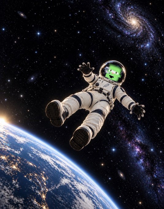 A creative composite image showing a Minecraft-style zombie character wearing a NASA-style spacesuit floating in space above Earth with stars and a galaxy in the background.