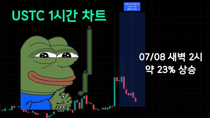 A Korean-language meme featuring a smug Pepe the Frog next to a candlestick chart, with text reading 'USTC 1시간 차트' and '07/08 새벽 2시 약 23% 상승'.