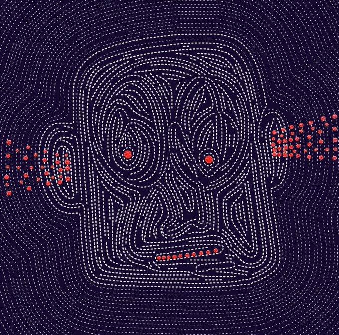 The image showcases a digital artwork titled "FACEPRINT Z" by @cemhah, featuring a stylized face rendered in concentric white dotted lines on a dark background, with striking red dotted accents on the ears, eyes, and mouth. The piece exemplifies the digital print paired with hand-applied acrylic paint on Hahnemühle Photo Rag® Metallic paper, as described in the post.