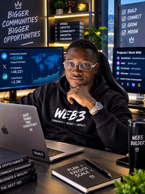 A young man wearing a "WEB3" hoodie and clear glasses sits at a desk with a laptop, a book titled "PLAN, EXECUTE, SCALE," and books on "CRYPTO MARKETS." Behind him is a monitor displaying community growth statistics and a chalkboard with notes.