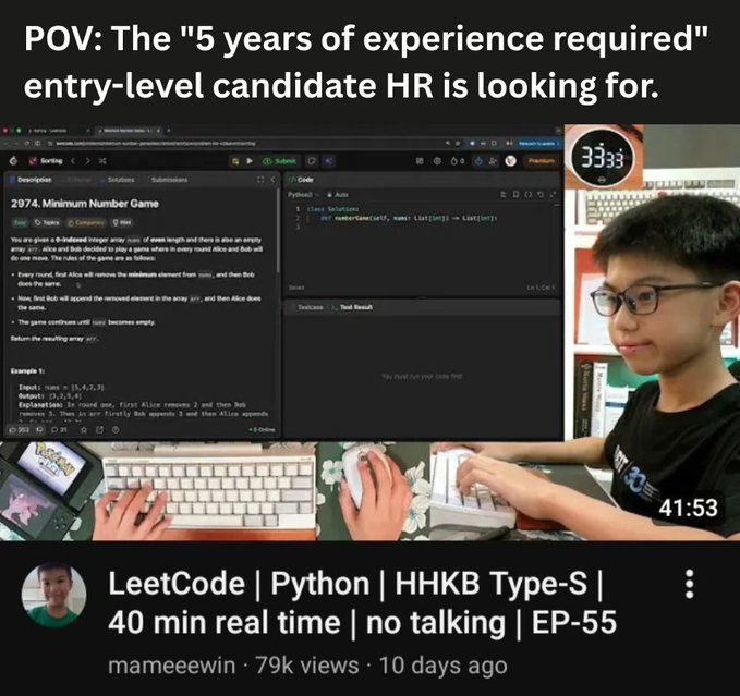 A YouTube thumbnail captioned "POV: The '5 years of experience required' entry-level candidate HR is looking for," showing a young boy coding a LeetCode problem (#2974 "Minimum Number Game") on a split-screen setup with "LeetCode | Python | HHKB Type-S | 40 min real time | no talking | EP-55" by mameewin. The image humorously mocks unrealistic job requirements, unrelated to the post's discussion about an app facing liquidity pressure and user demand for complex automation strategies as it approaches $1 million in cash flow.